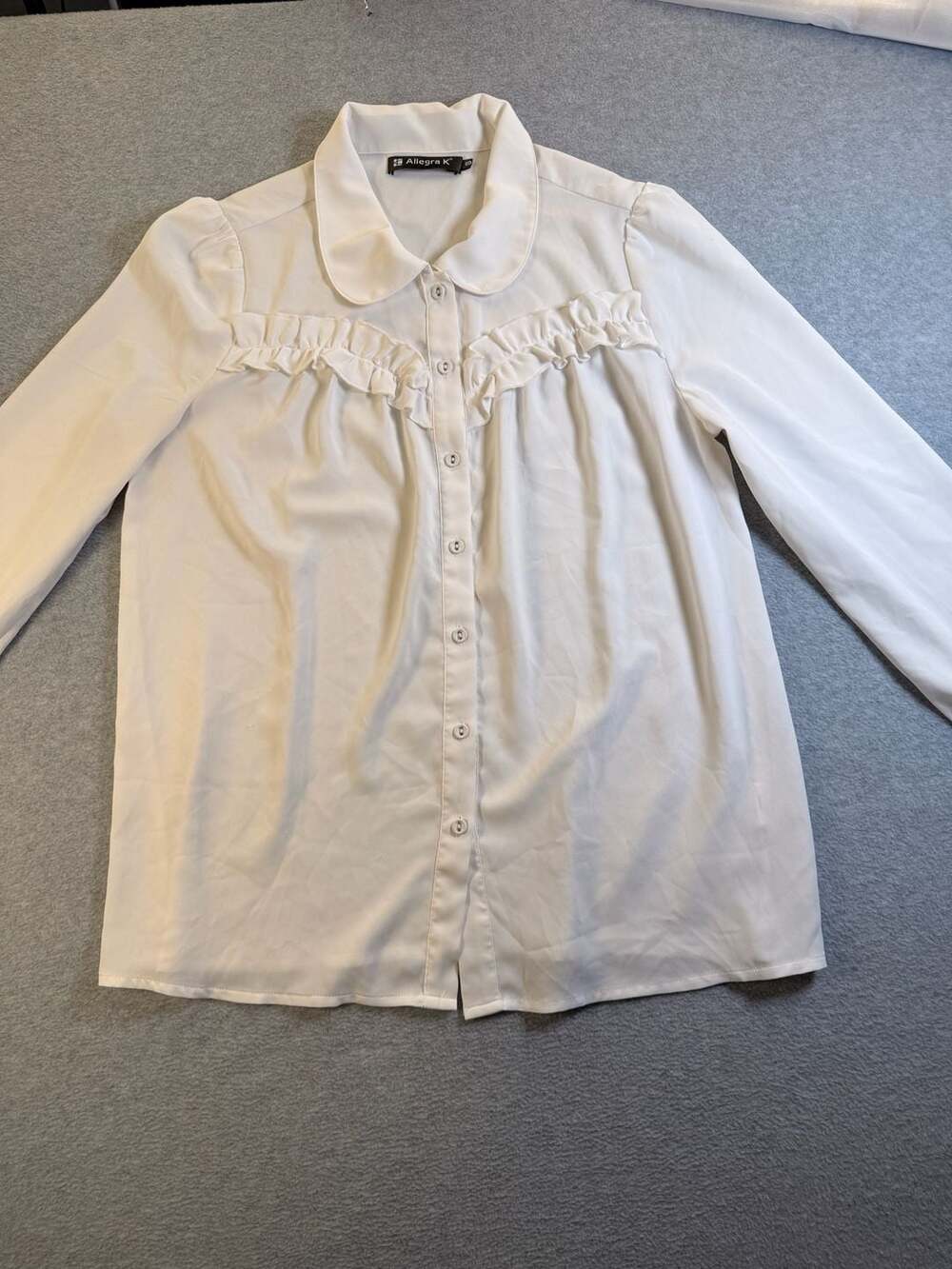 Allegra K Peter Pan Collar Blouse Size S White Ruffle Button-Down